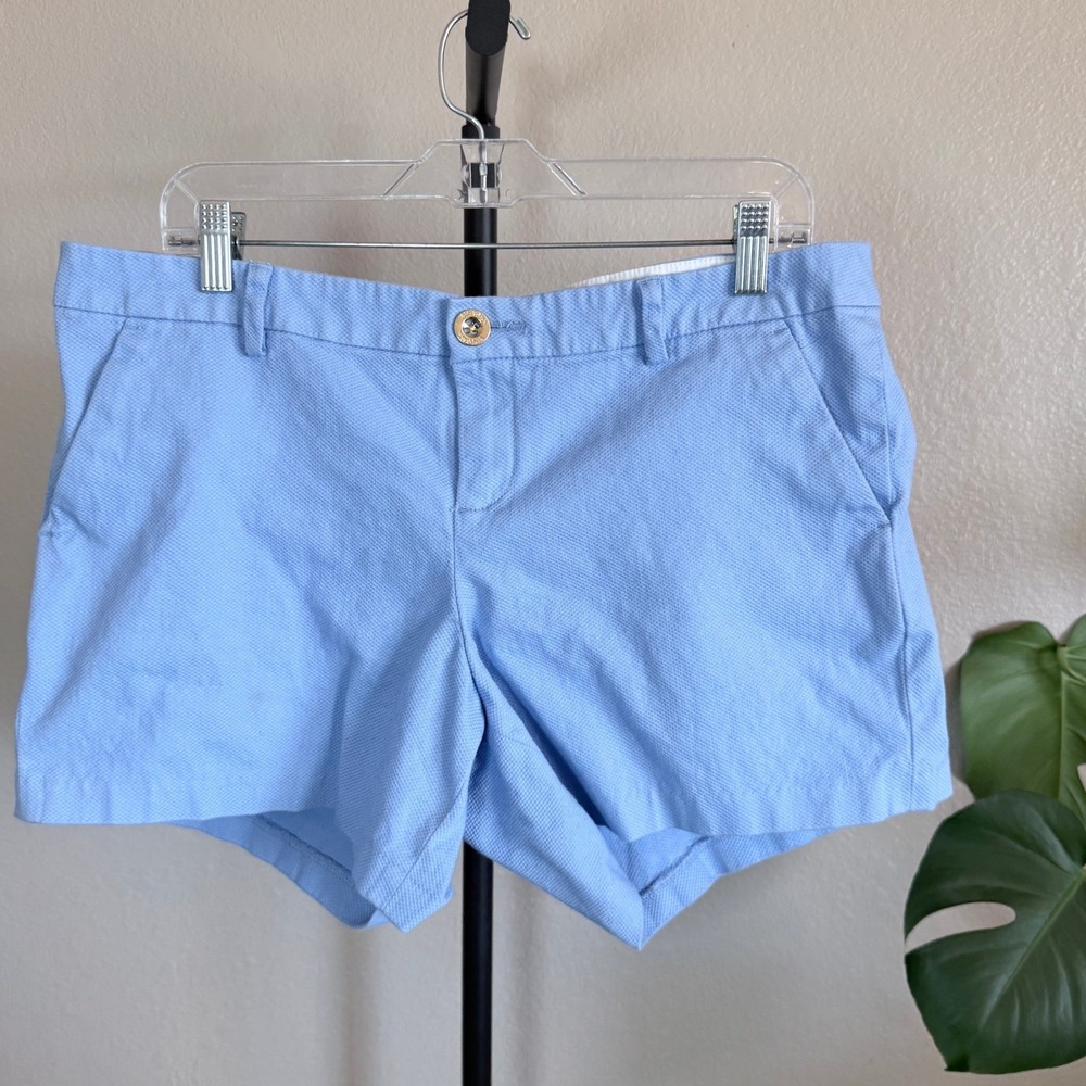 Lilly Pulitzer Callahan Shorts Blue Textured Pique Cotton Size 14 Gold Button